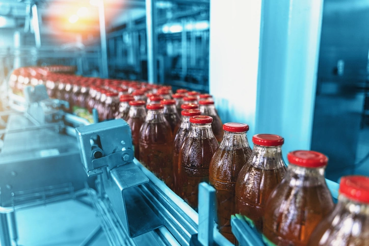 Conveyor belt, bottles in beverage plant or factory interior in blue color