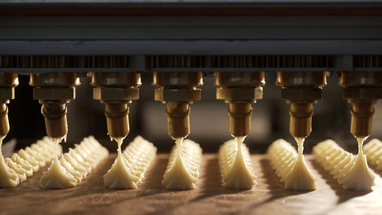 Machine pouring batter onto a baking sheet in a bustling bakery factory setting