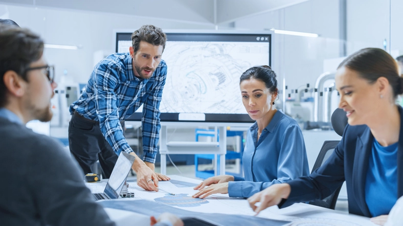 Modern Factory Office Meeting Diverse Team of Engineers